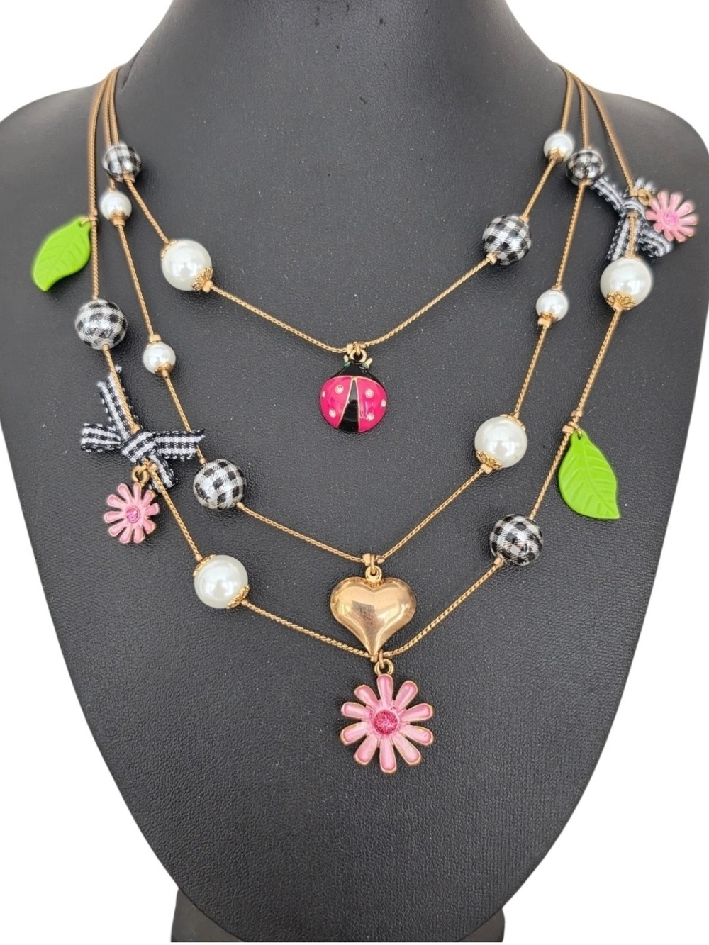 Betsey Johnson Ladybug Heart Flower Faux Pearl Layered Charm Necklace 19” W Box